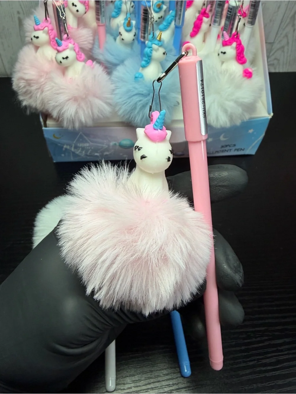 3pc Plush Pom-Pom Unicorn Pen Keychain - Blue, Pink, White